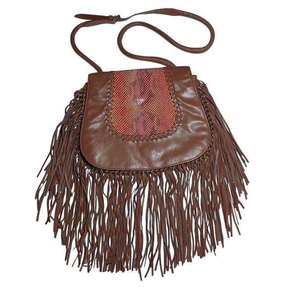 Henri Bendel Lamb Leather Fringe Snakeskin Crossbody Bag Adjustable Strap Brown - Picture 1 of 14